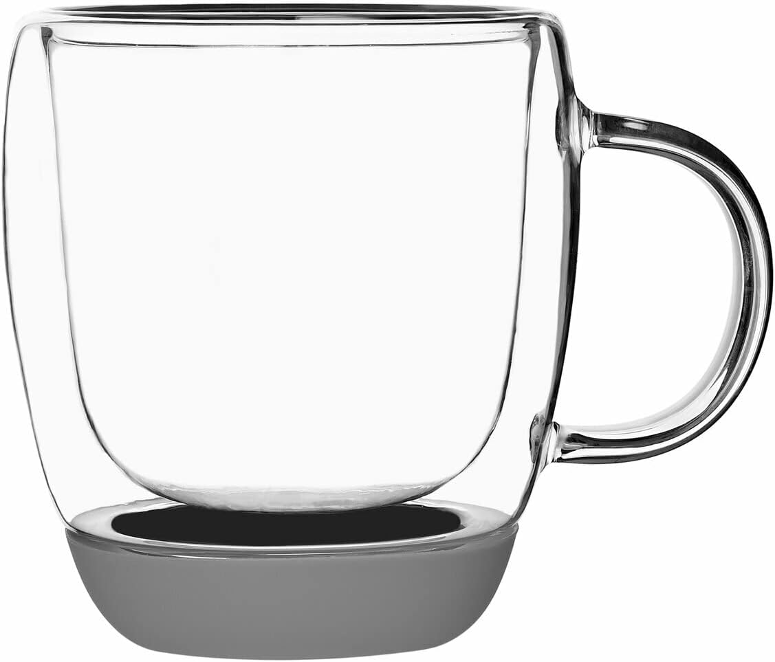 KonigHOFFER Double Wall Glass Coffee Mug Set of 2 Silicone Bottom Grey Insulated Double Walled 350 ml