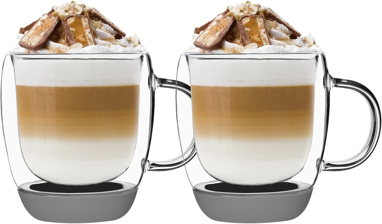 KonigHOFFER Double Wall Glass Coffee Mug Set of 2 Silicone Bottom Grey Insulated Double Walled 350 ml