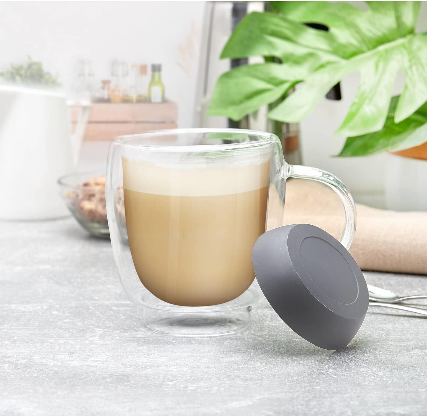 KonigHOFFER Double Wall Glass Coffee Mug Set of 2 Silicone Bottom Grey Insulated Double Walled 350 ml