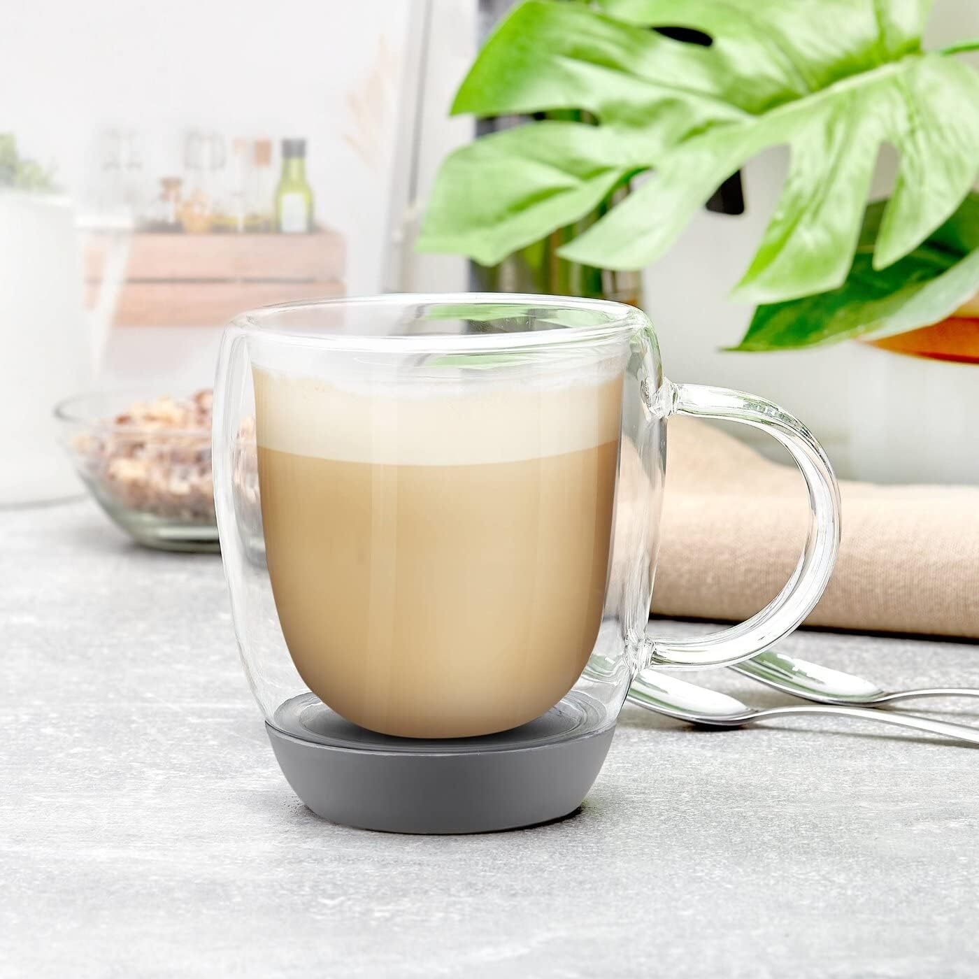 KonigHOFFER Double Wall Glass Coffee Mug Set of 2 Silicone Bottom Grey Insulated Double Walled 350 ml
