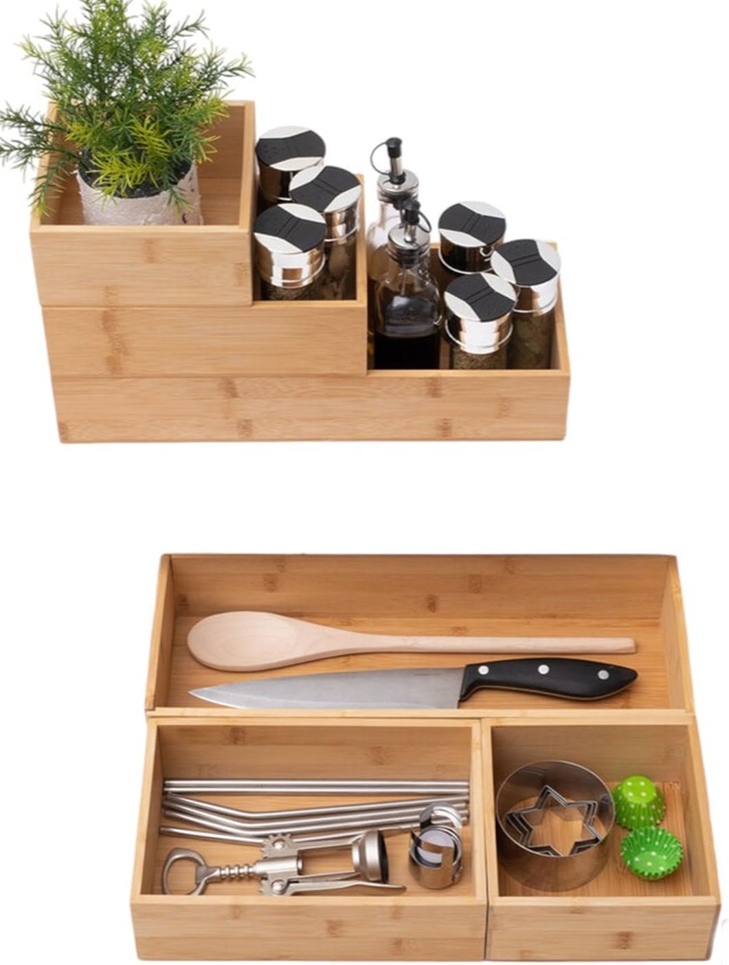KLAUSS Bamboo Organizer Set Kitchen Organizer Bamboo Stackable Wood Drawer Storage 3 Piece Spices Bathroom Cosmetics Office