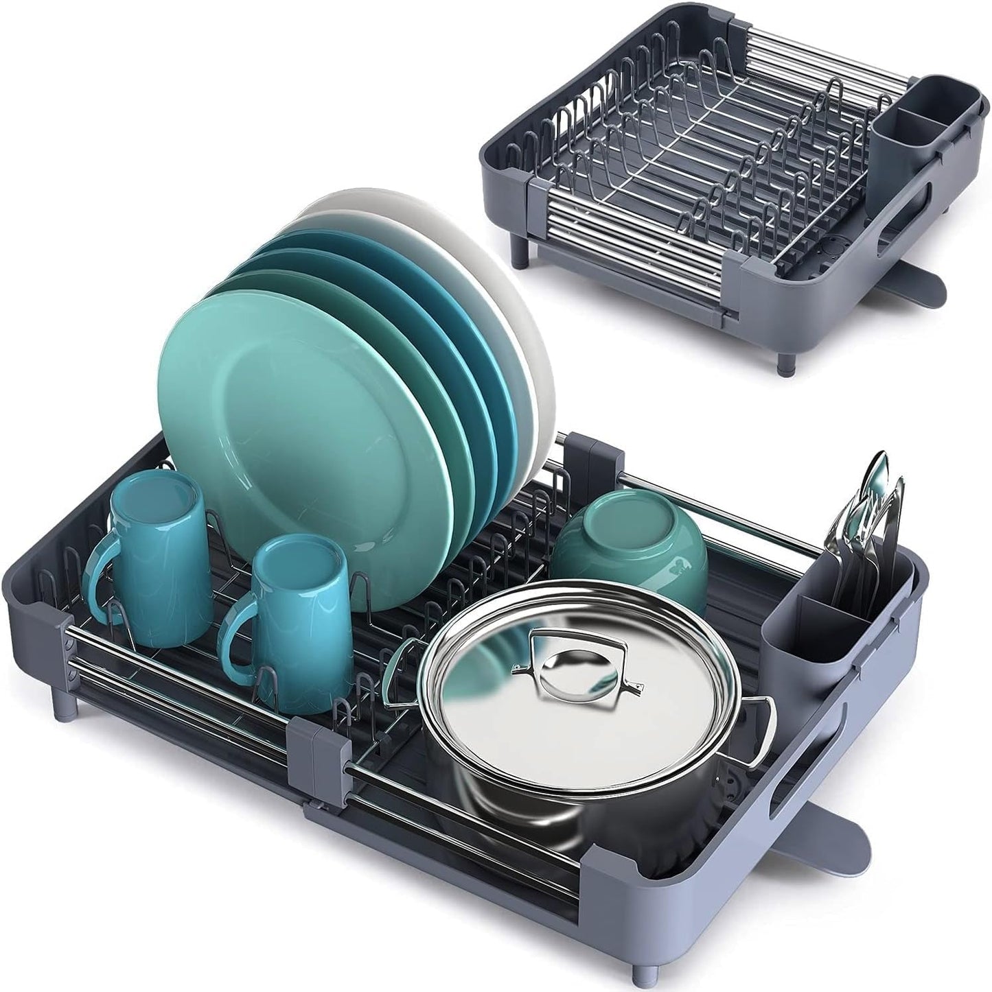 KLAUSS Expandable Dish Drainer Rack with Drip Tray Spout Grey Silver With Removable Cutlery Holder