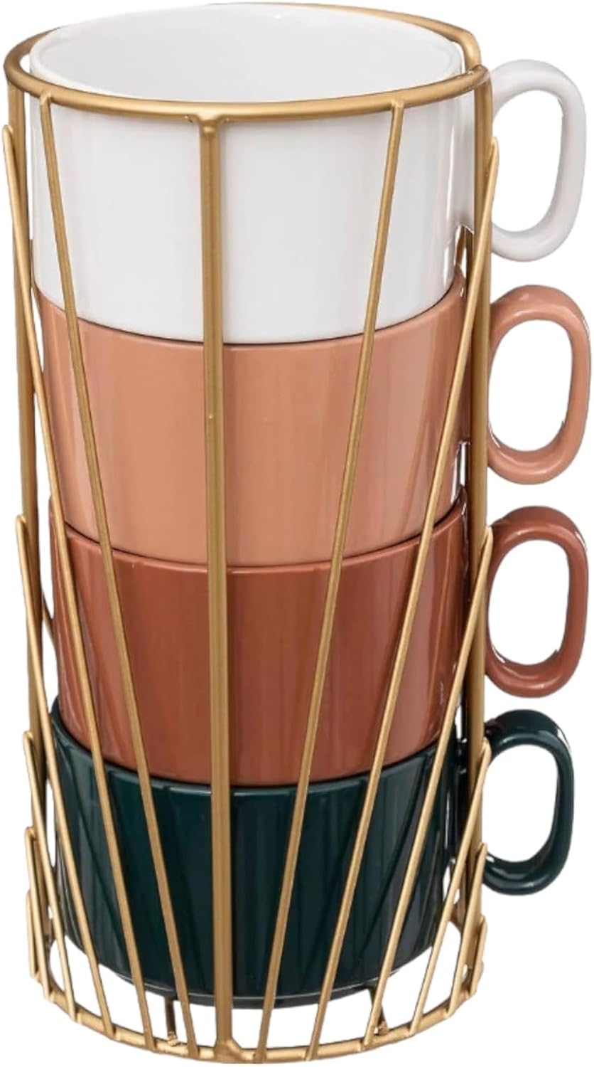 KLAUSS Mug Rack for Kitchen Coffee Mugs Set of 4 Ceramic Stackable Tea Cups Organiser China Espresso Cup Set 250ml Gold
