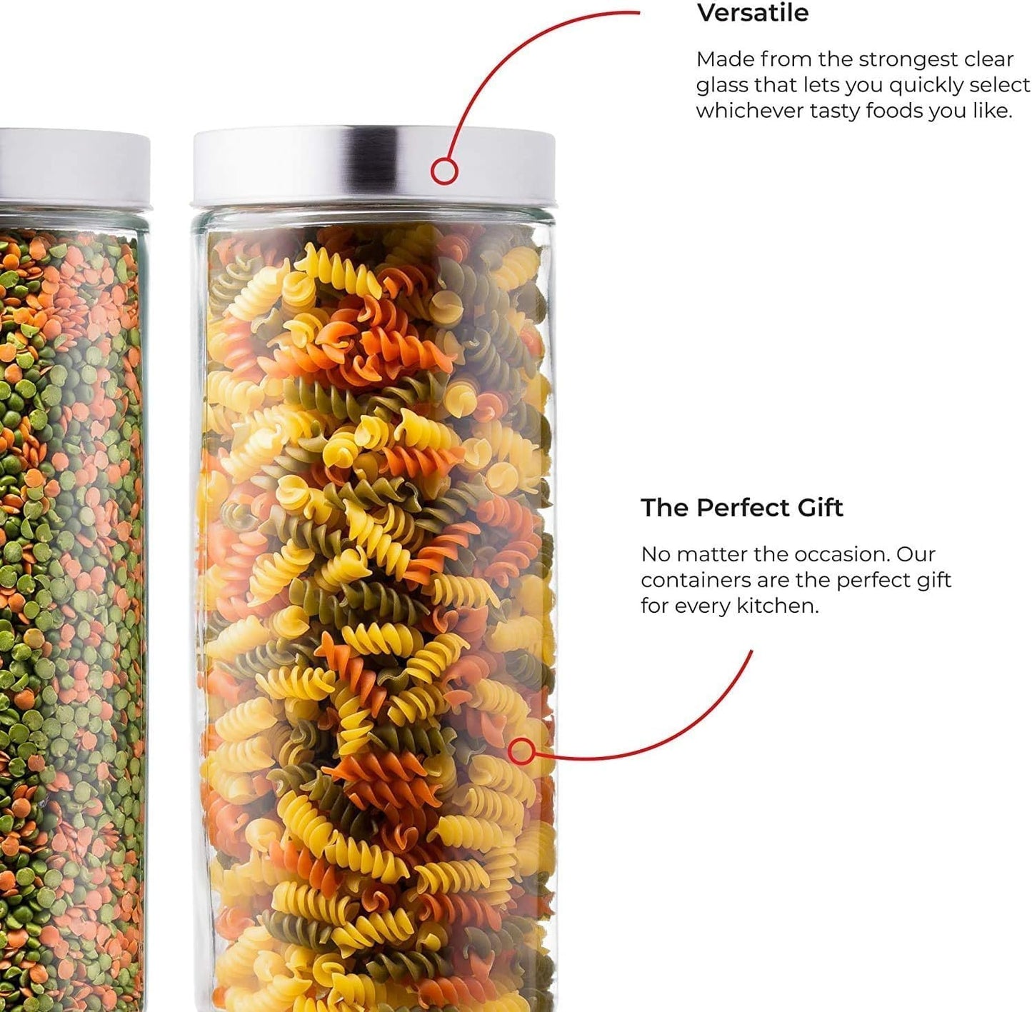 Glass Jars with Lids 1.3 litre Airthight Storage Jars Stainless Steel Lids Pasta Jars