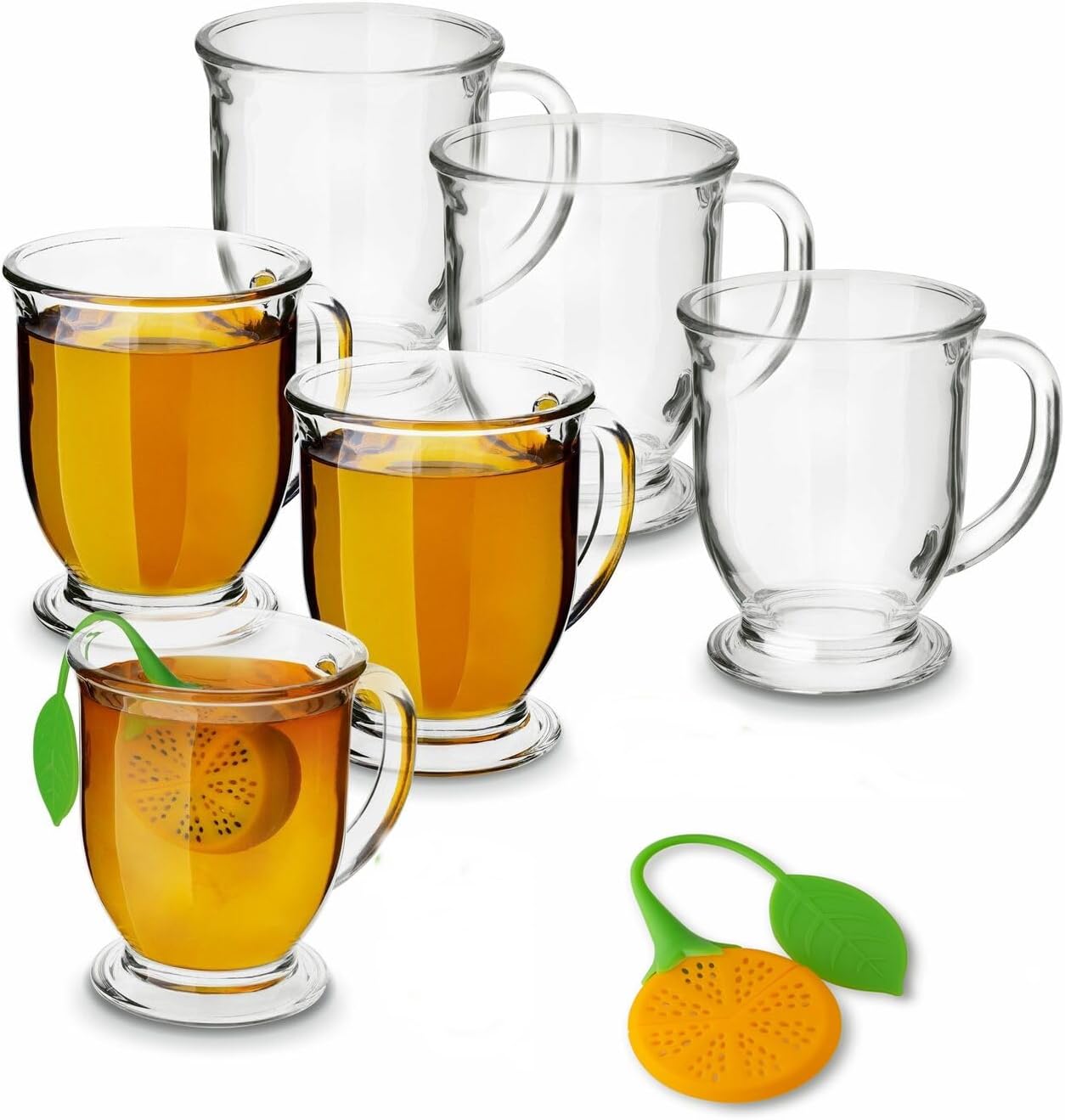 Transparent Tea Cup Glass Coffee Mugs with Handle 450 ML Set of 6 with Tea Infuser Tea Glasses for Hot/Cold for Green Tea, Cappuccino, Matcha, Juice, Water, Mulled Wine