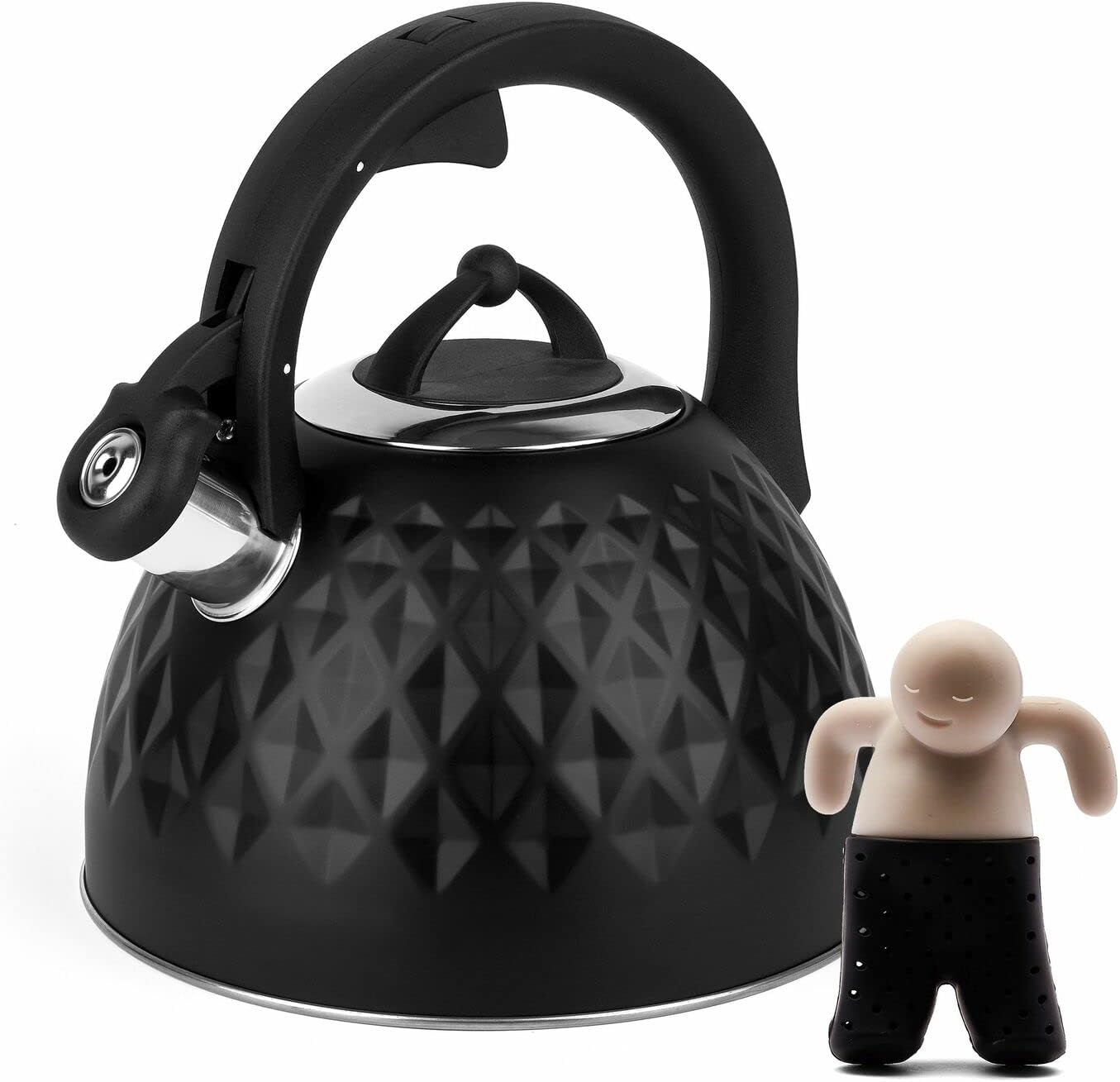Whistling Kettle Black for Gas Stove Induction Log Burner 3 L Stovetop Stainless Steel Silicone Tea Infuser Coffee