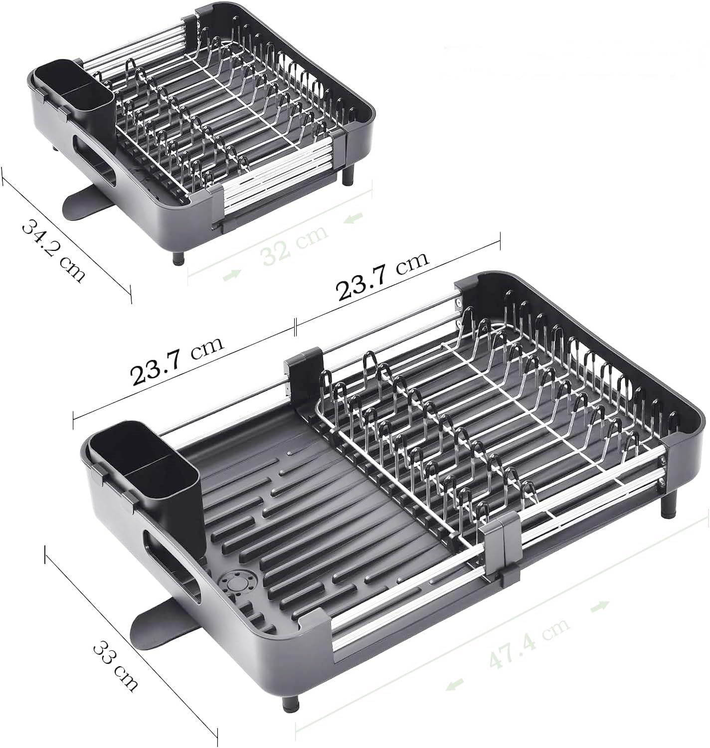 KLAUSS Expandable Dish Drainer Rack with Drip Tray Spout Grey Silver With Removable Cutlery Holder