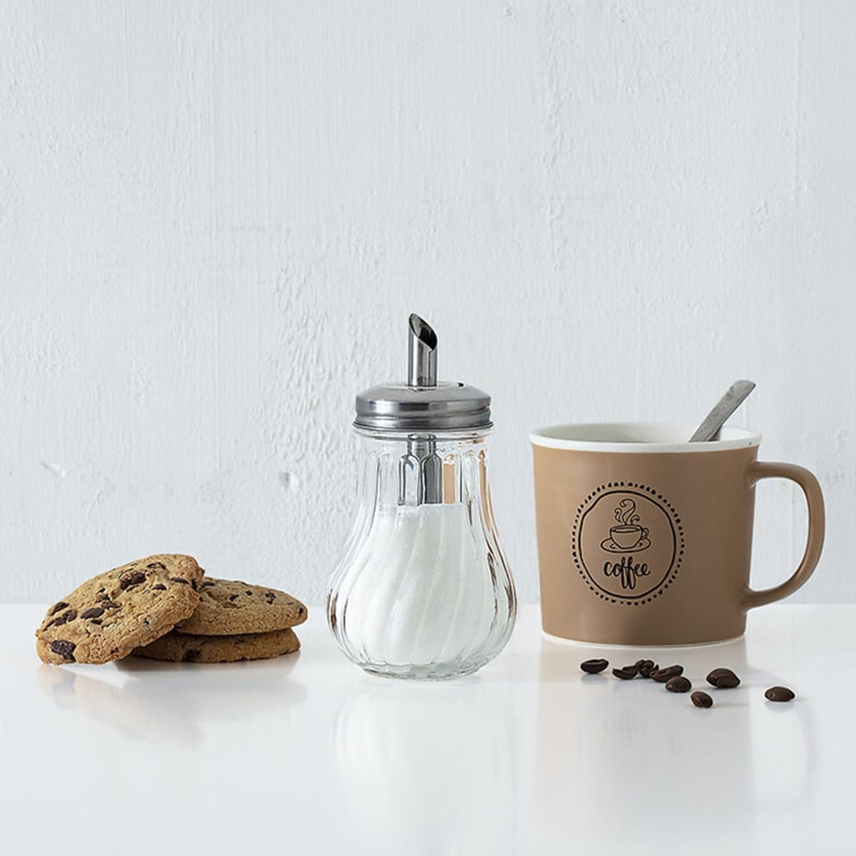 KLAUSS Glass Suugar Dispenser Pourer Sugar Jar Decanter Cafe Bistro Restaurant Sugar Shaker Bowl Glass Sugar Bowl with Stainless Steel lid, 0.18L