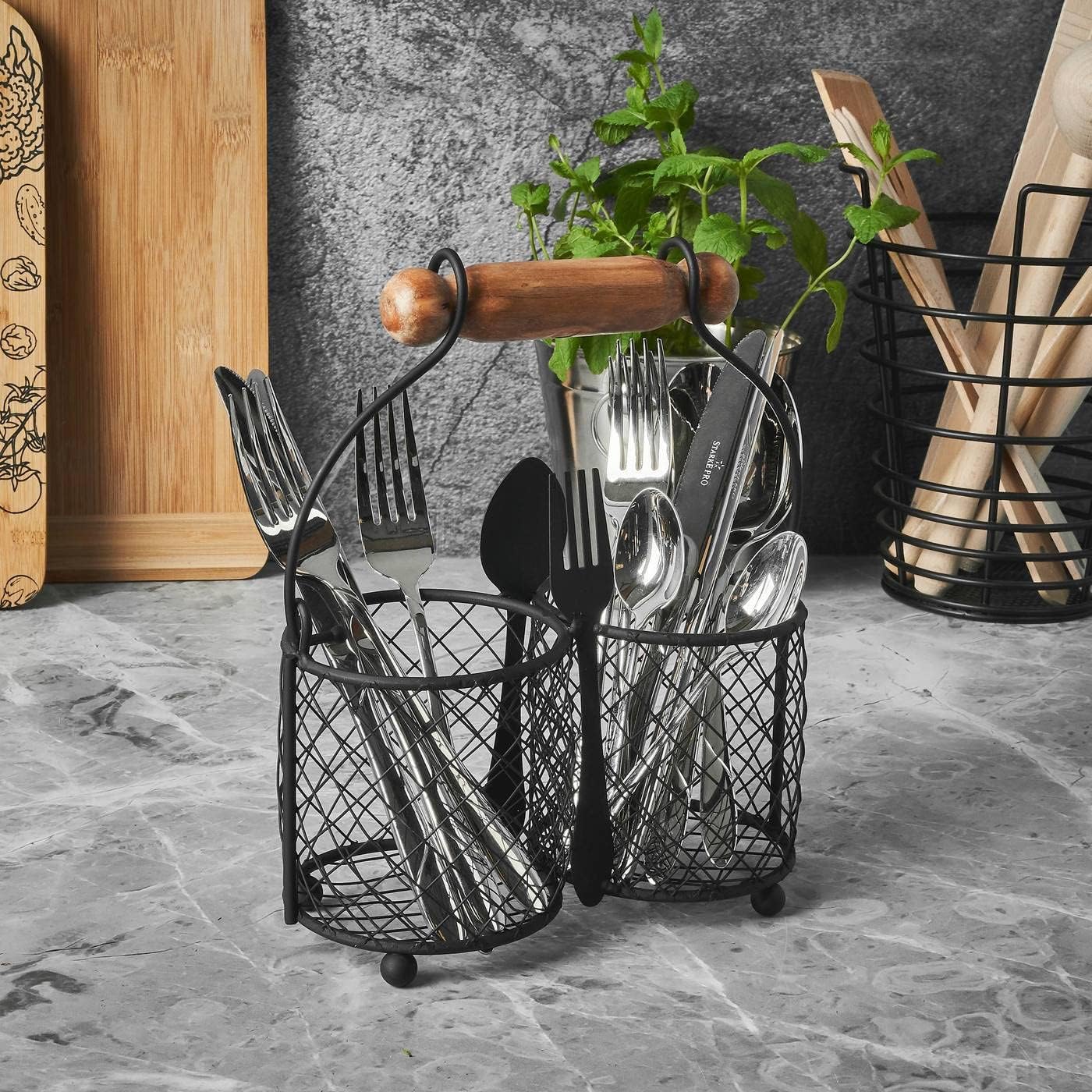 Konighoffer Cutlery Holder for Table with Handles Metal Wooden Utensil Organizer Cutlery Basket