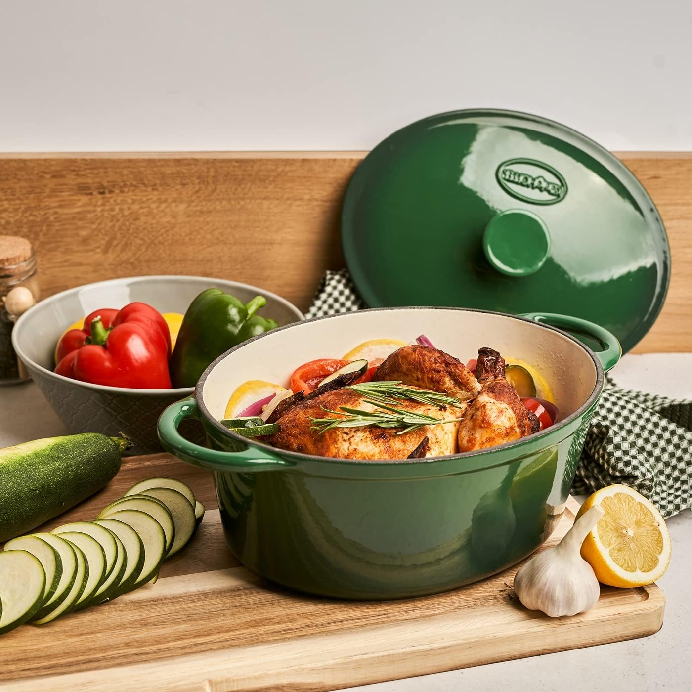 Cast Iron Casserole Dish with Lid Enamel Dutch Oven Non Stick 6.4L Pot Induction Hob (Green)