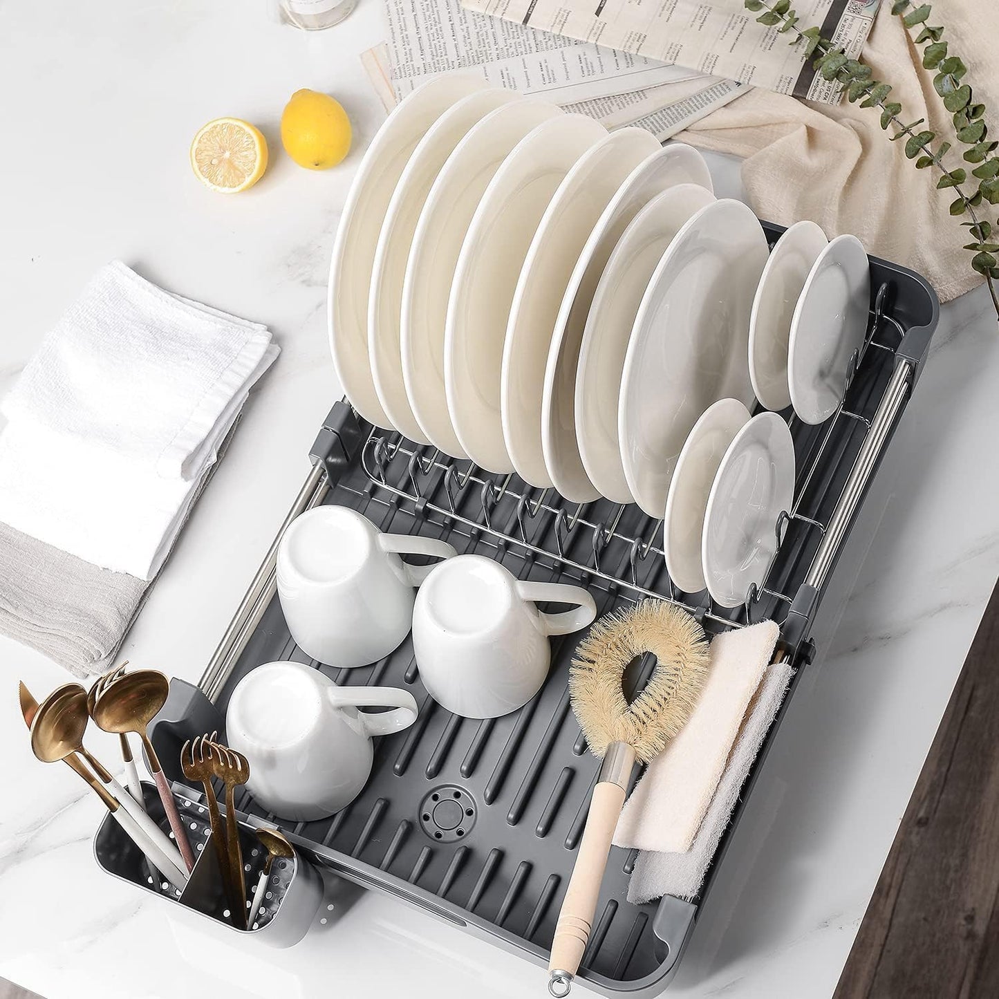 KLAUSS Expandable Dish Drainer Rack with Drip Tray Spout Grey Silver With Removable Cutlery Holder
