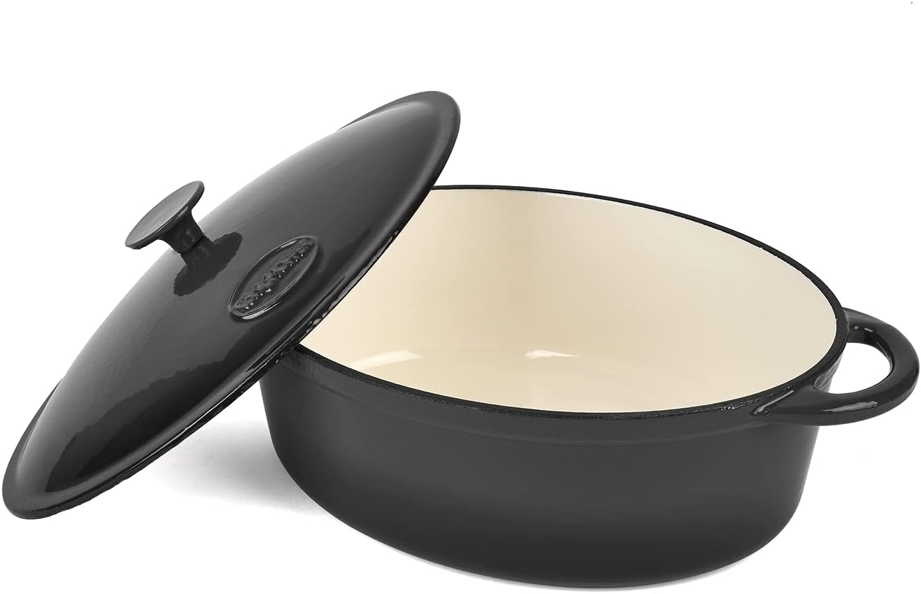KonigHOFFER Cast Iron Casserole Dish with Lid Enamel Dutch Oven Non Stick 6.4L Pot Induction Hob (Black)
