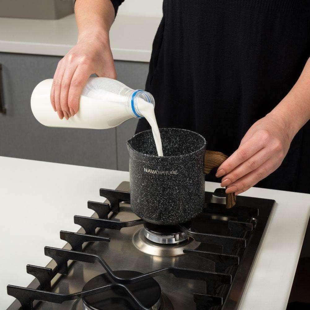 Nature Milk Pan, Stovetop Saucepan with Pour Spout, Non Stick Stone Coating, Heat Resistant Wood Effected Handle,1 Litre Capacity, 11cm Diameter
