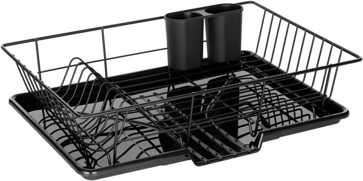 Dish Drainer Rack with Drip Tray Spout (Black)