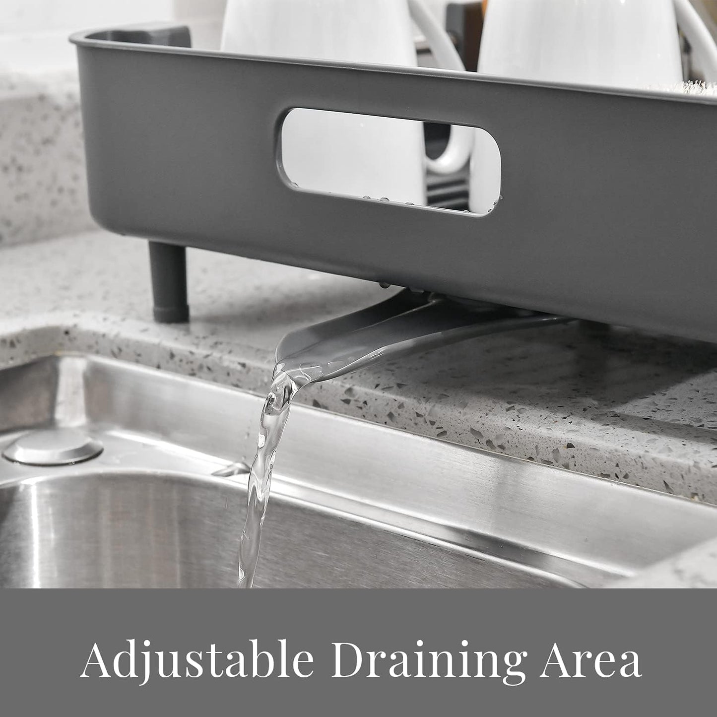 KLAUSS Expandable Dish Drainer Rack with Drip Tray Spout Grey Silver With Removable Cutlery Holder
