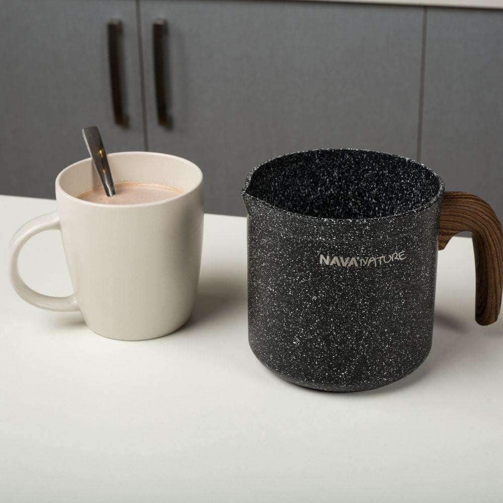 Nature Milk Pan, Stovetop Saucepan with Pour Spout, Non Stick Stone Coating, Heat Resistant Wood Effected Handle,1 Litre Capacity, 11cm Diameter