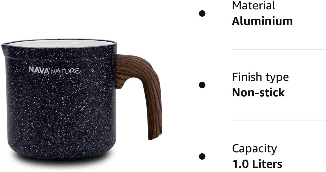 Nature Milk Pan, Stovetop Saucepan with Pour Spout, Non Stick Stone Coating, Heat Resistant Wood Effected Handle,1 Litre Capacity, 11cm Diameter