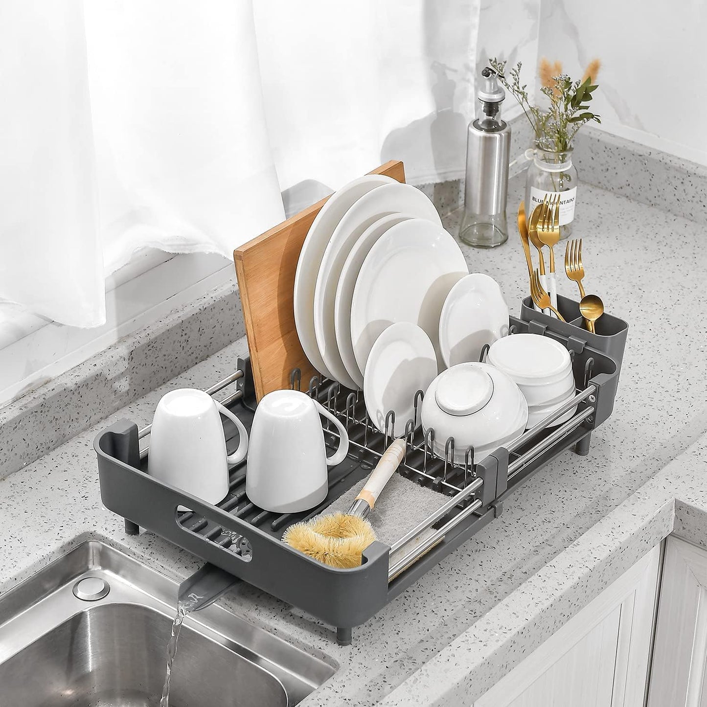 KLAUSS Expandable Dish Drainer Rack with Drip Tray Spout Grey Silver With Removable Cutlery Holder