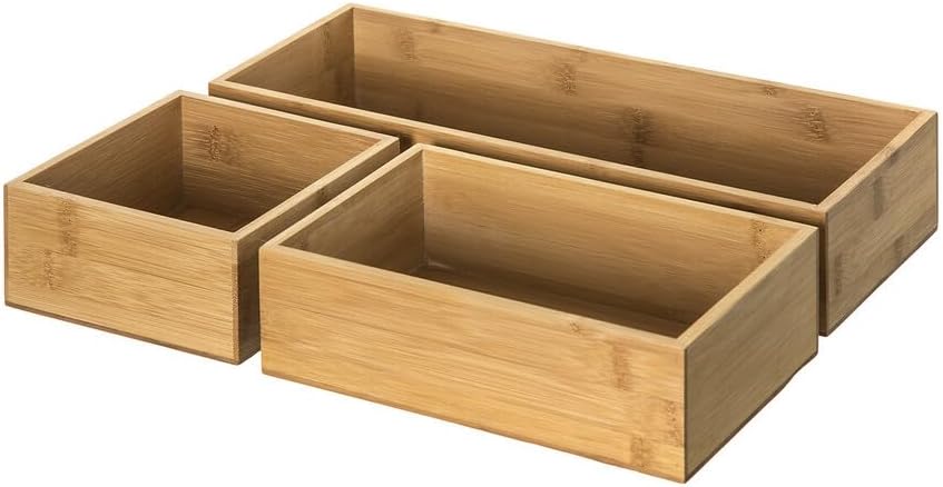 KLAUSS Bamboo Organizer Set Kitchen Organizer Bamboo Stackable Wood Drawer Storage 3 Piece Spices Bathroom Cosmetics Office