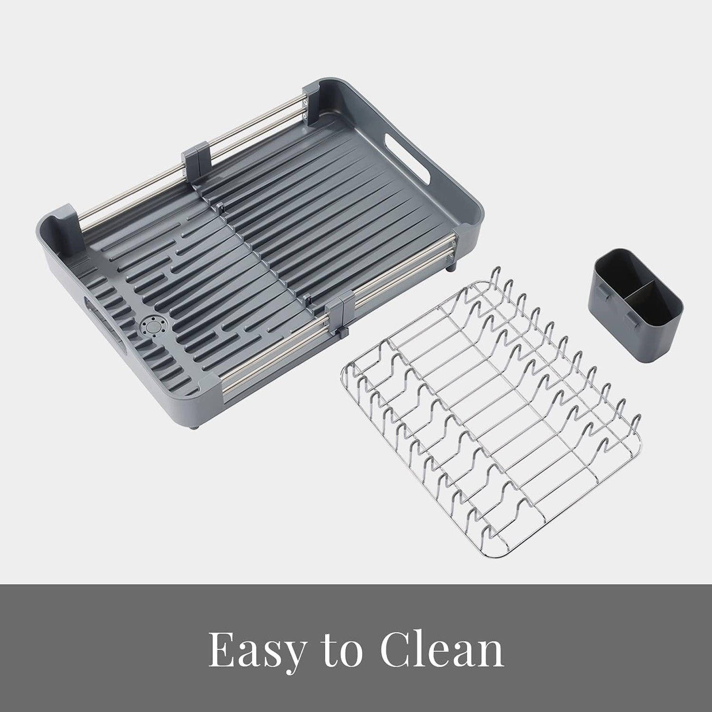 KLAUSS Expandable Dish Drainer Rack with Drip Tray Spout Grey Silver With Removable Cutlery Holder