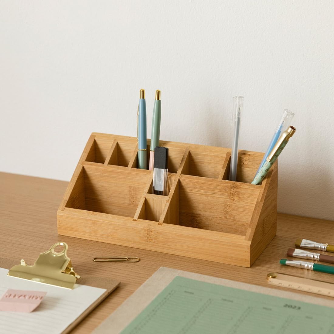 klauss Bamboo Makeup Organiser Multifunction Organiser Home Office Stationary Supplies 10 Storage Compartments Bamboo Organizer Desk Bathroom Office