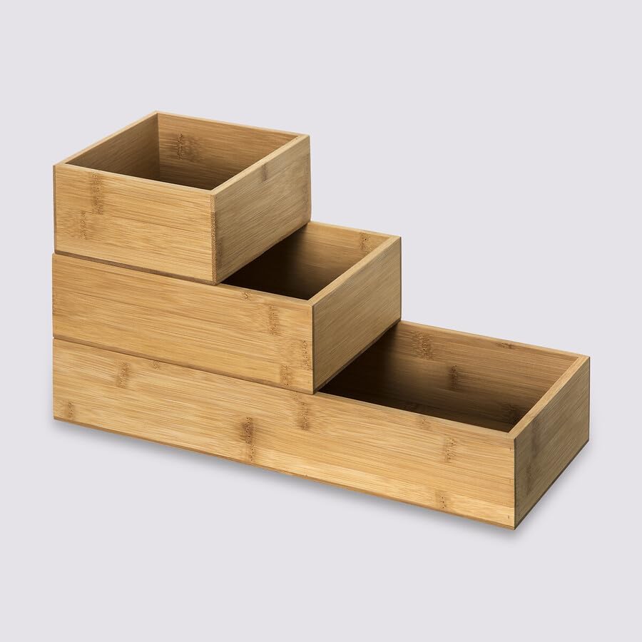 KLAUSS Bamboo Organizer Set Kitchen Organizer Bamboo Stackable Wood Drawer Storage 3 Piece Spices Bathroom Cosmetics Office