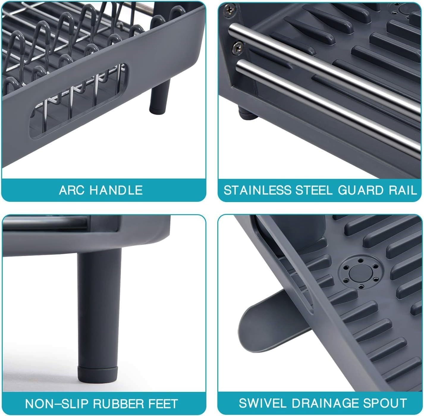 KLAUSS Expandable Dish Drainer Rack with Drip Tray Spout Grey Silver With Removable Cutlery Holder