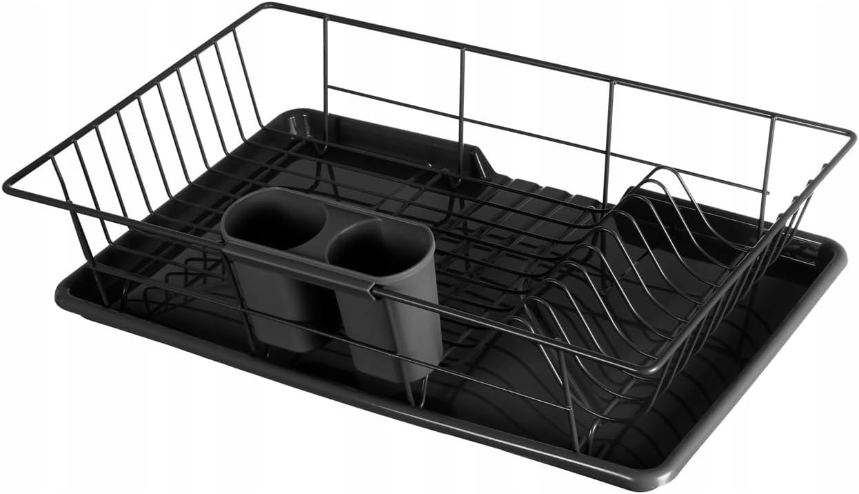 Dish Drainer Rack with Drip Tray Spout (Black)