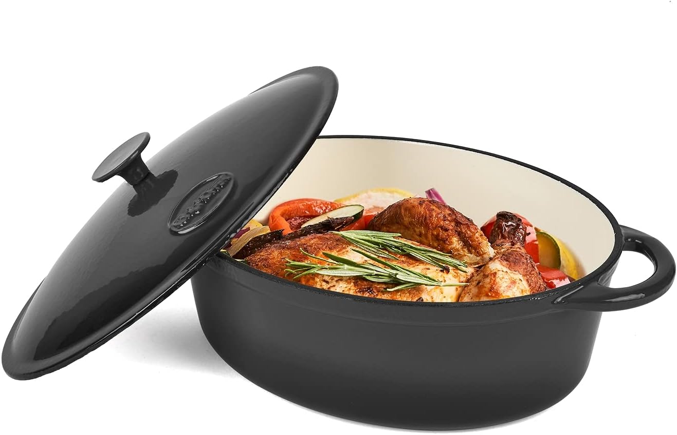 KonigHOFFER Cast Iron Casserole Dish with Lid Enamel Dutch Oven Non Stick 6.4L Pot Induction Hob (Black)