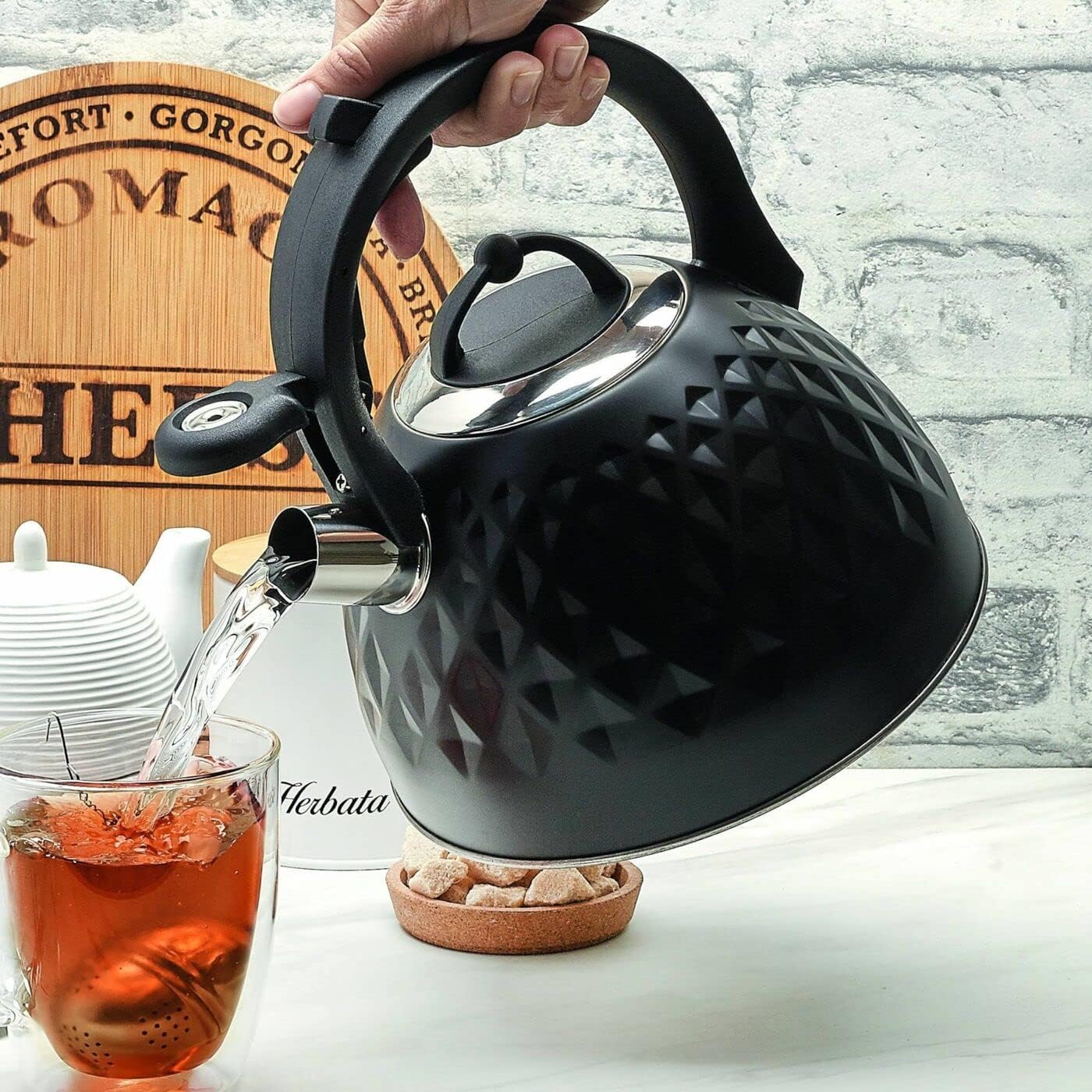 Whistling Kettle Black for Gas Stove Induction Log Burner 3 L Stovetop Stainless Steel Silicone Tea Infuser Coffee