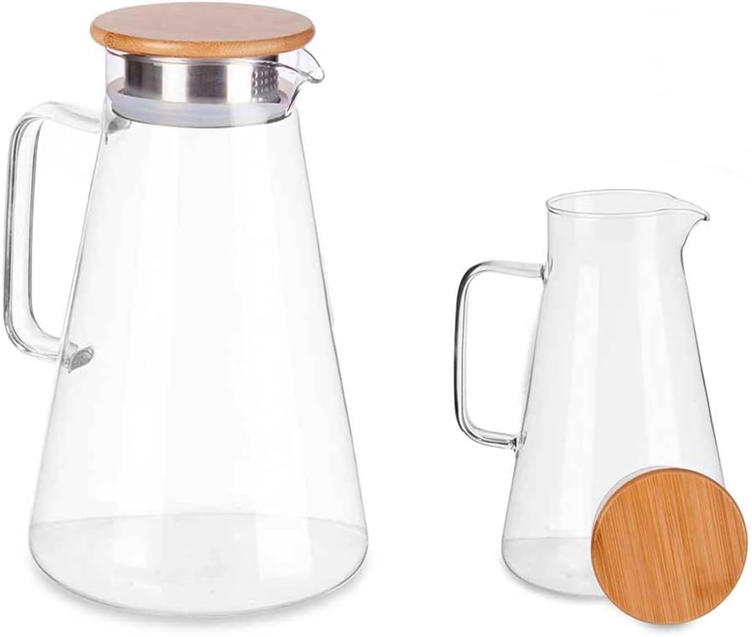 Glass Jug with Bamboo Lid 1.2l Water Jug for Fridge Heat Resistant Glass Pitcher Jug for Hot and Cold Drinks