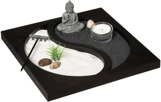 Atmosphera - Zen Yin Yang Buddha Garden on a Tray with Candle and Decoration, Black, 23.5 x 23.5 cm