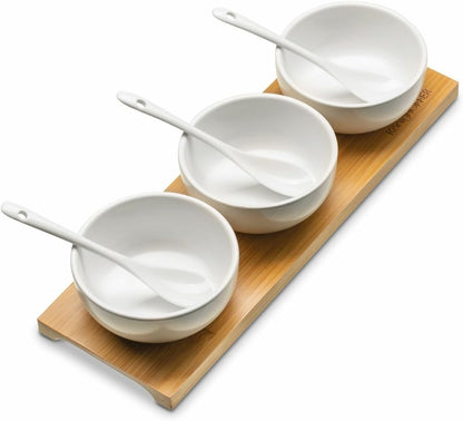 Tadar Dips Serving Platter Snack Serving Bowls with Spoons Ceramic White Bamboo Apettizer