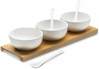 Tadar Dips Serving Platter Snack Serving Bowls with Spoons Ceramic White Bamboo Apettizer