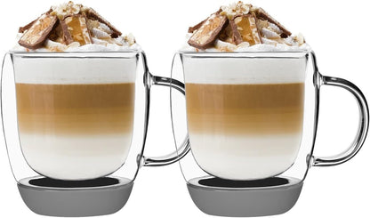 KonigHOFFER Double Wall Glass Coffee Mug Set of 2 Silicone Bottom Grey Insulated Double Walled 350 ml