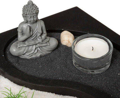 Atmosphera - Zen Yin Yang Buddha Garden on a Tray with Candle and Decoration, Black, 23.5 x 23.5 cm