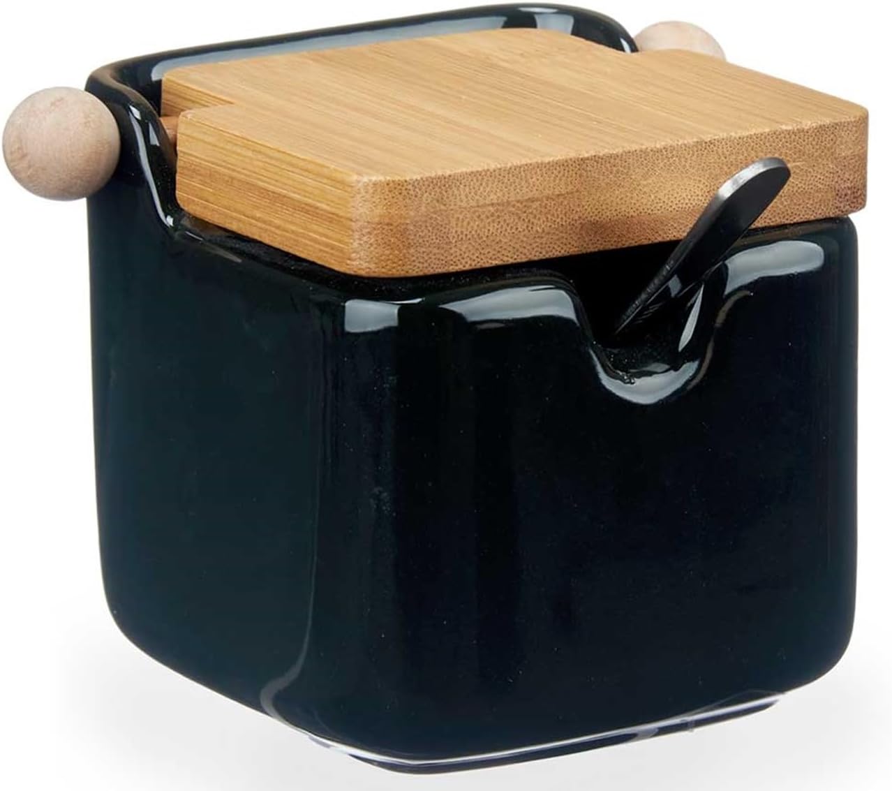 Salt Container with Spoon Ceramic Sugar Storage Bamboo Wood with Spoon Black Spice Organiser