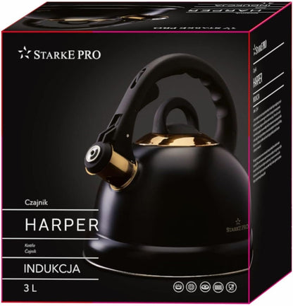 Starke Kettle Black Induction Gas 3 L Whistling Kettle Stainless Steel Tea Kettle with Plastic Handle Electric Hob Ceramic Hob for Tea Coffee Large Golden Matte