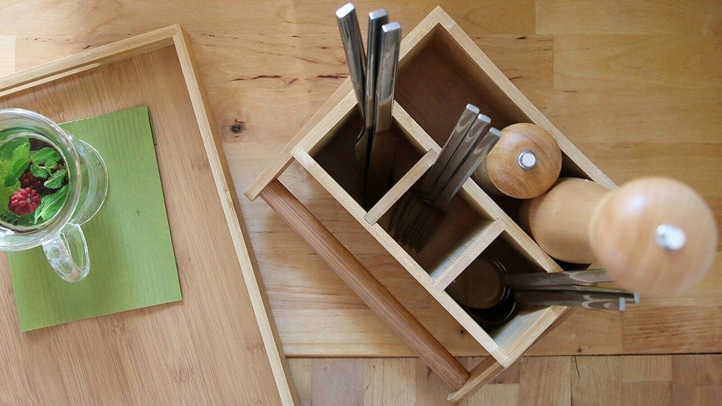 RITZY Restaurant Table Organiser Condiments and Sauce Bottles Compartments for Cutlery Wooden Kitchen Utensil Holder Handle