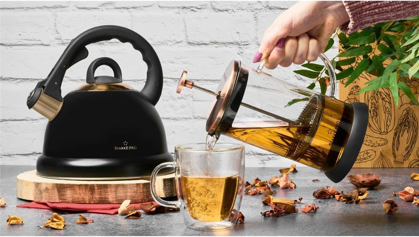 Starke Kettle Black Induction Gas 3 L Whistling Kettle Stainless Steel Tea Kettle with Plastic Handle Electric Hob Ceramic Hob for Tea Coffee Large Golden Matte