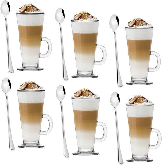 Coffee Glasses Latte Macchiato 250ml 6pcs and 6 Cocktail Teaspoons Tall Cups for Hot Drinks Set with Long Cocktail Spoon Set