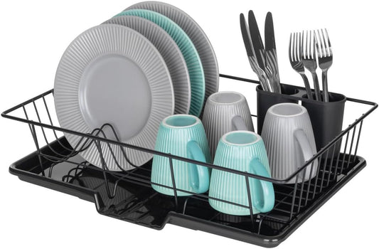 Dish Drainer Rack with Drip Tray Spout (Black)