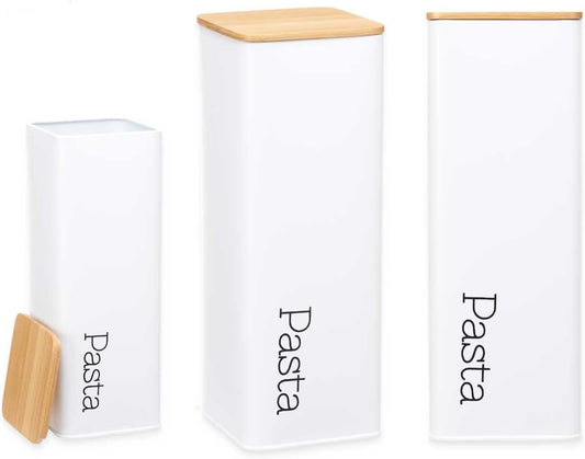 Pasta Tin Storage Spaghetti Jar Pasta White Metal with Bamboo Lid Airtight Lid Pasta Containers Storage