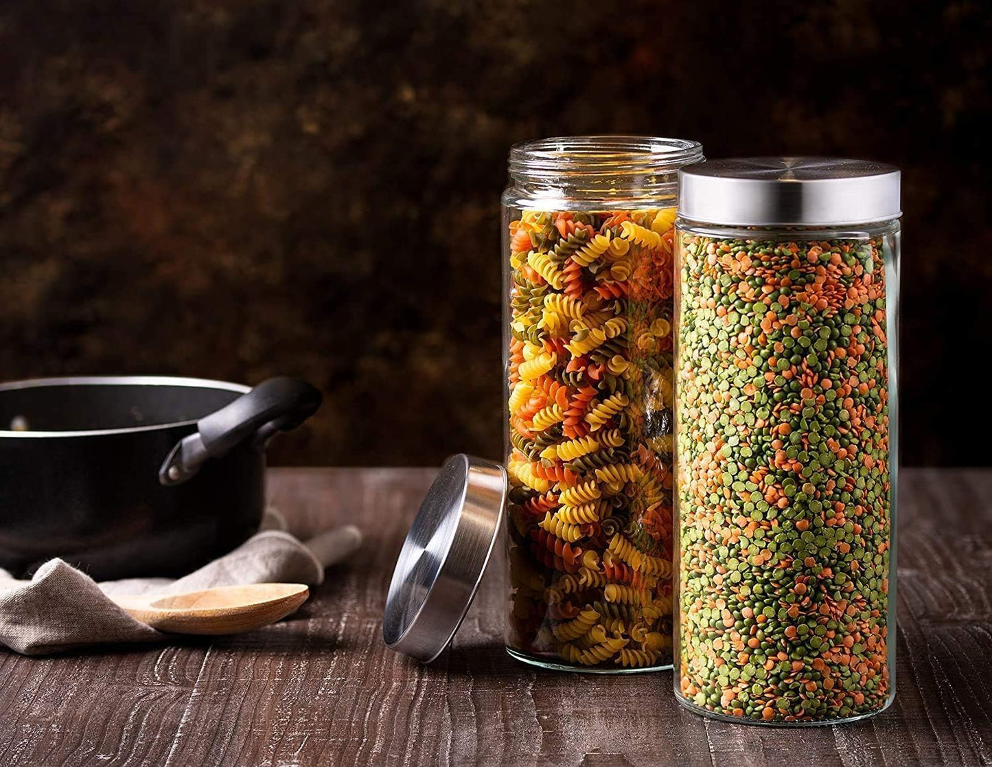 Glass Jars with Lids 1.3 litre Airthight Storage Jars Stainless Steel Lids Pasta Jars