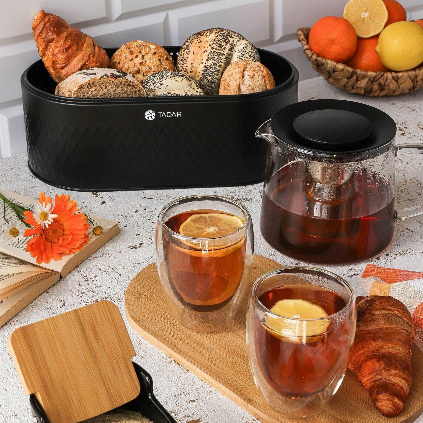 Steel Bread Tadar Iconic Black and 2 Kitchen Spices for Table Salt Shaker and Pepper Shaker 150 ml and Bread Container Rolls with Bamboo Lid