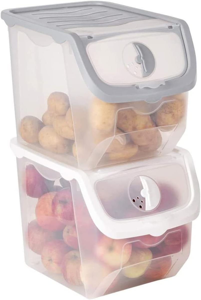 Ritzy Storage Containers with Lids Stackable For Vegetables Fruits Onions Potatoes Rice 12 L - 2 piece, White,grey