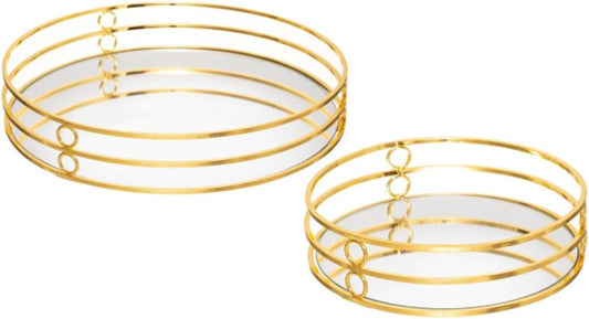 Round Metal Tray Mirror Decor Tray Round Gold with Mirror Set Of 2 Tray for Perfume, Makeup Display, Decorative Rectangle Glass Jewelry Organizer for Bathroom