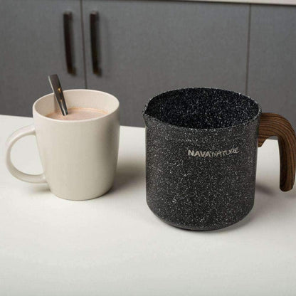 Nature Milk Pan, Stovetop Saucepan with Pour Spout, Non Stick Stone Coating, Heat Resistant Wood Effected Handle,1 Litre Capacity, 11cm Diameter