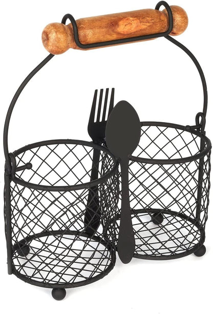 Konighoffer Cutlery Holder for Table with Handles Metal Wooden Utensil Organizer Cutlery Basket